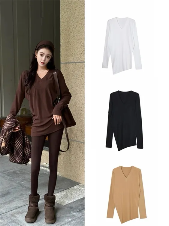 双面德绒V领素版蝙蝠长袖磨毛中长款T恤女秋冬款显瘦修身百搭上衣