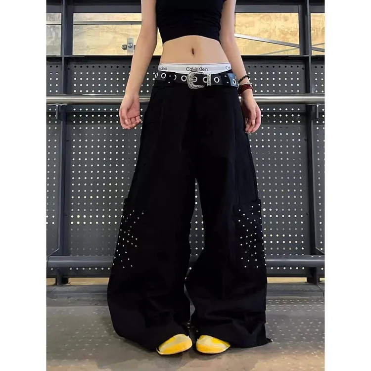 美式复古街头黑色铆钉工装裤男女高街宽松阔腿拖地休闲裤潮