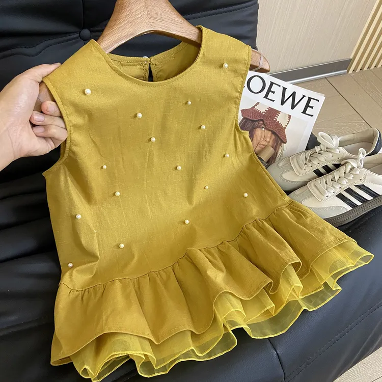 2025夏季新款韩版减龄百搭重工钉珠荷叶边无袖背心衬衫女洋气上衣