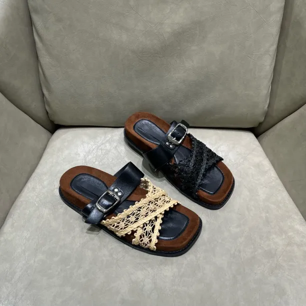 欧货舒适休闲凉拖鞋2025年夏季新款方头平底交叉编织真皮沙滩拖鞋