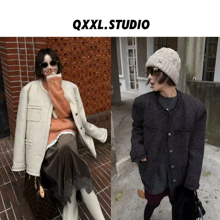 邱小小丽呀 冬季新款欧货小香风90白鸭绒羽绒服女单排扣圆领外套