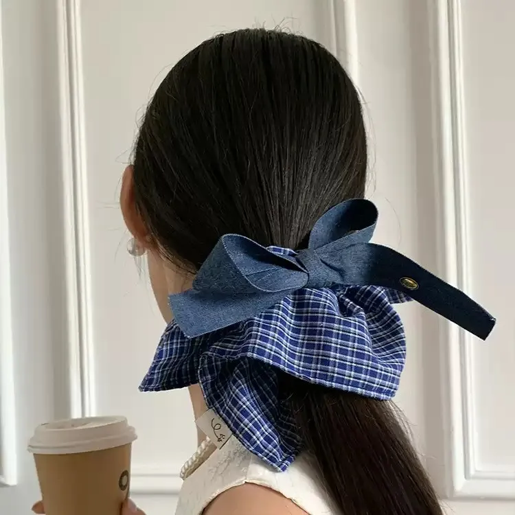 牛仔蝴蝶结方巾马尾发圈大号高级感方形头绳格子纯色大肠发圈发饰