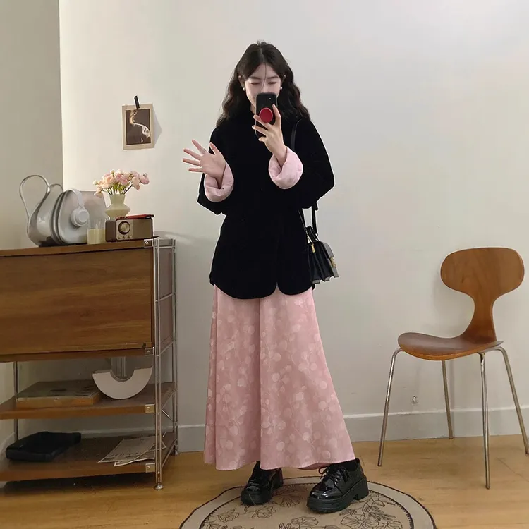 2024年大码女装国风新中式撞色黑丝绒外套女胖MM气质两件套套装女