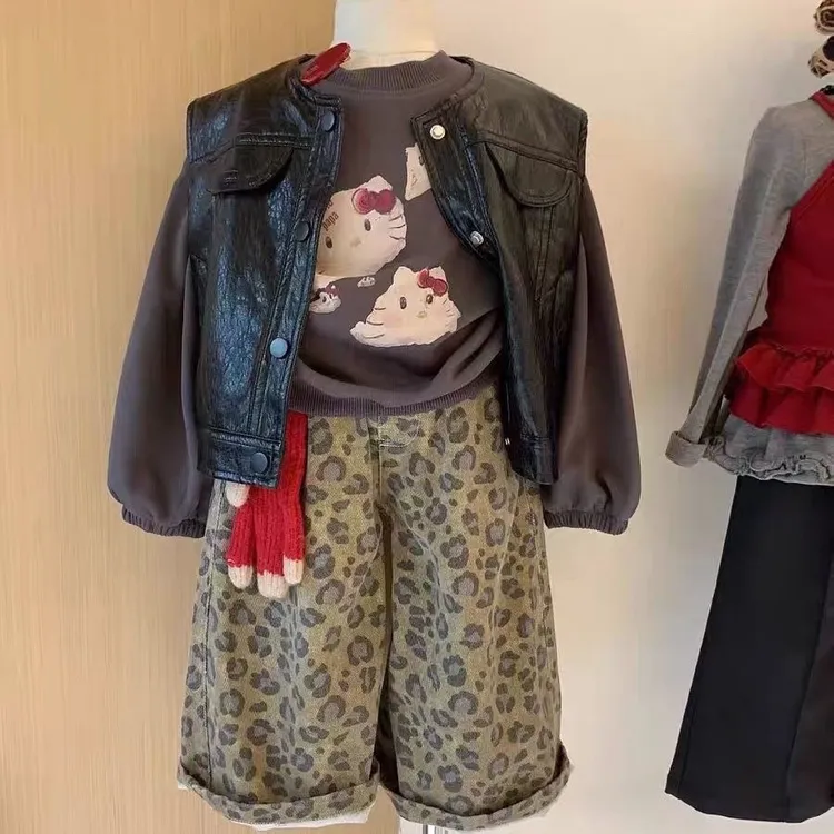 女童2025秋季新款套装儿童潮酷皮衣马甲+长袖印花卫衣+豹纹直筒裤