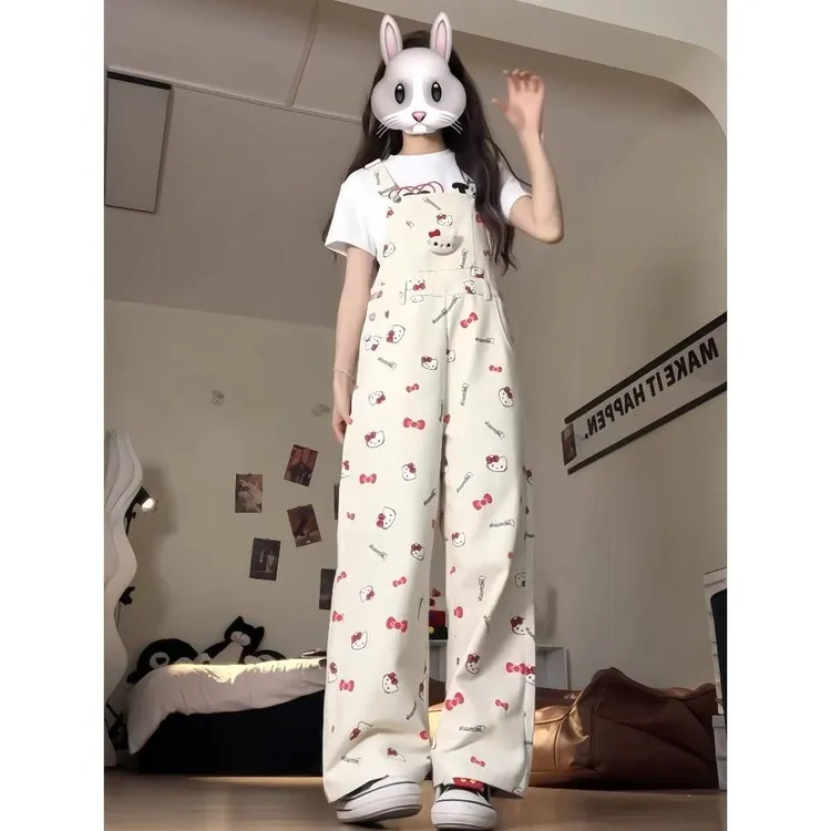 精品美式复古kitty猫满印牛仔背带裤女2025夏可爱休闲宽松直筒阔