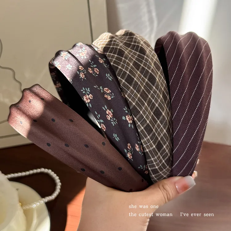 韩系美拉德咖色碎花宽边发箍女凹凸设计感头箍洗脸发卡高颅顶头饰