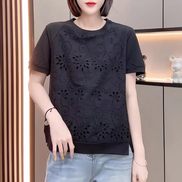纯棉洋气减龄遮肉镂空钩花短袖正肩上衣女2025夏新款独特漂亮小衫