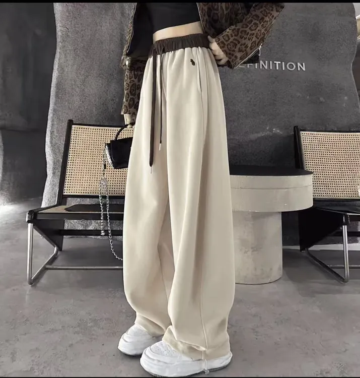 2025韩版网红秋冬加绒爆款弯刀裤休闲卫裤刺绣保暖长高腰阔腿裤