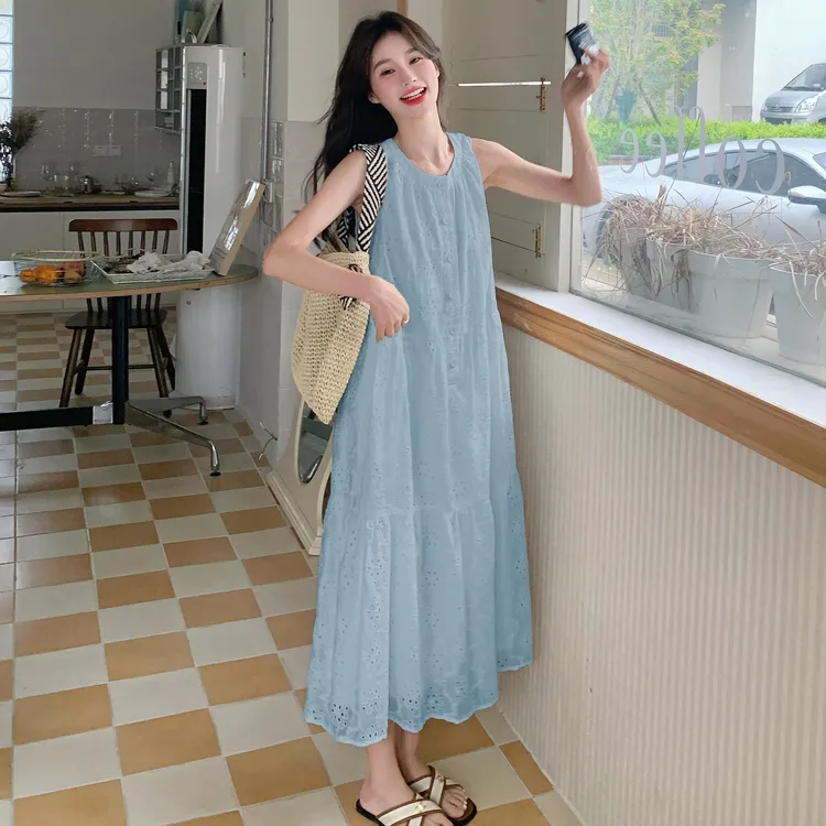 海盐蓝超仙无袖背心裙女长款2025夏新款法式甜美减龄温柔风连衣裙