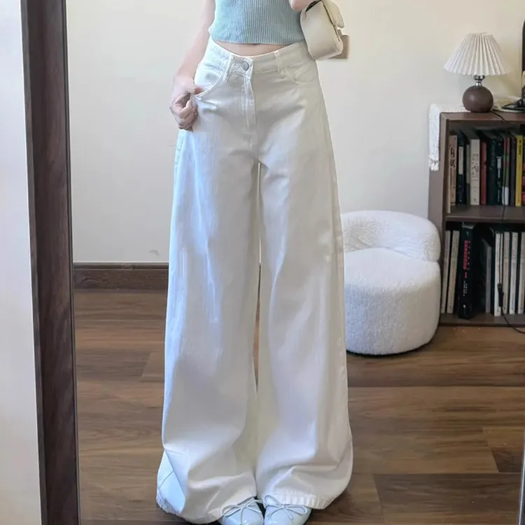 美式复古高腰宽松阔腿裤女2025夏季新款垂感直筒设计感显瘦牛仔裤