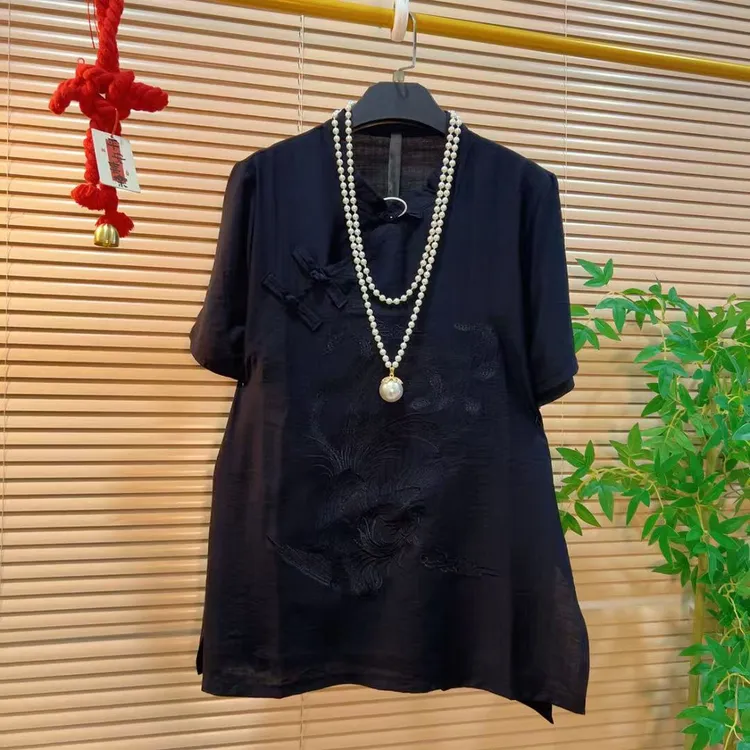 重工国潮绣花禅意斜襟中长款上衣胖YY2025夏季新款新中式国风唐装