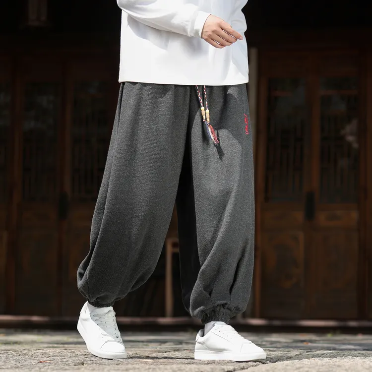 秋冬季中国风刺绣束脚哈伦裤男复古加厚毛呢长裤宽松高级感灯笼裤