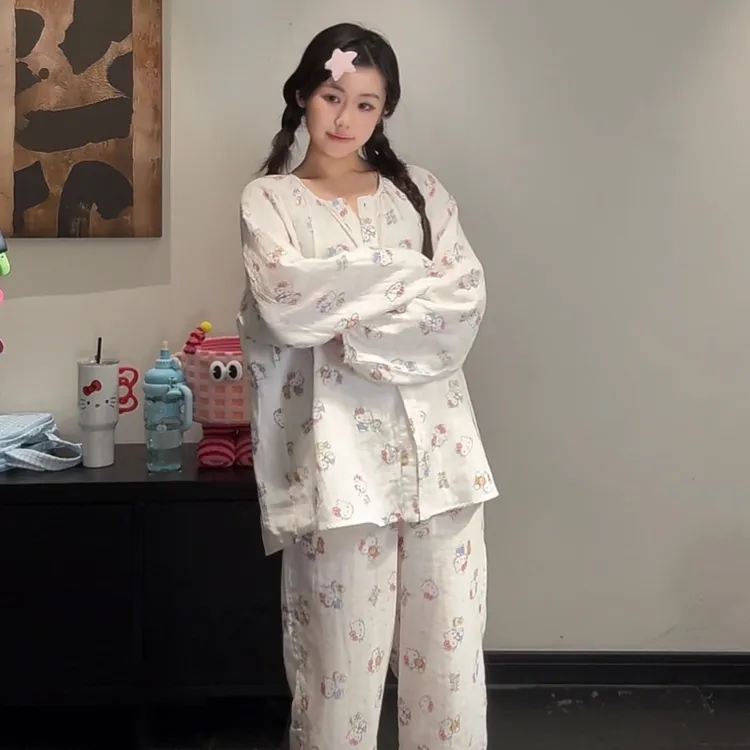 少女甜美可爱卡通凯蒂猫睡衣女春秋新款ins风长袖长裤家居服套装