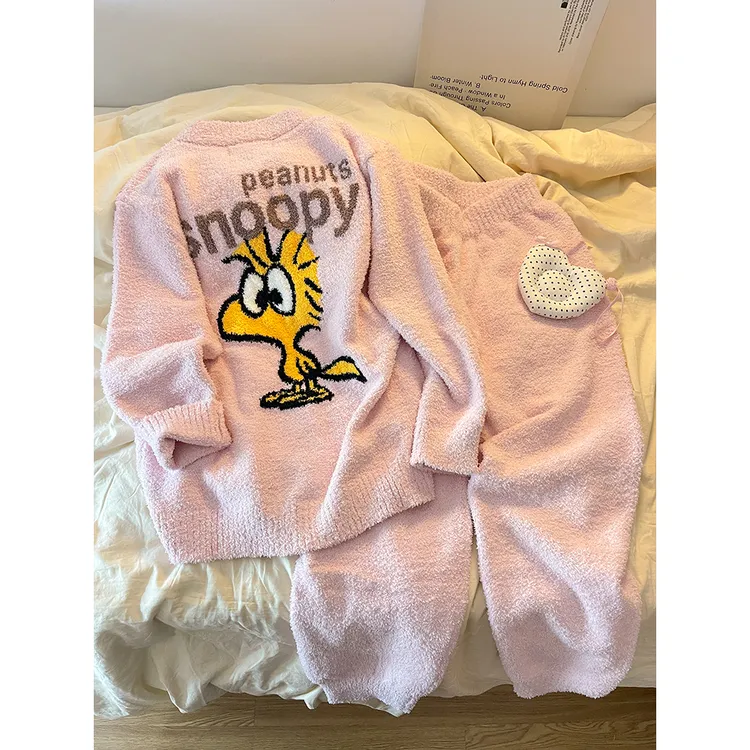韩版粉色可爱印花纯欲风针织半边绒保暖睡衣女秋冬加厚开衫两件套