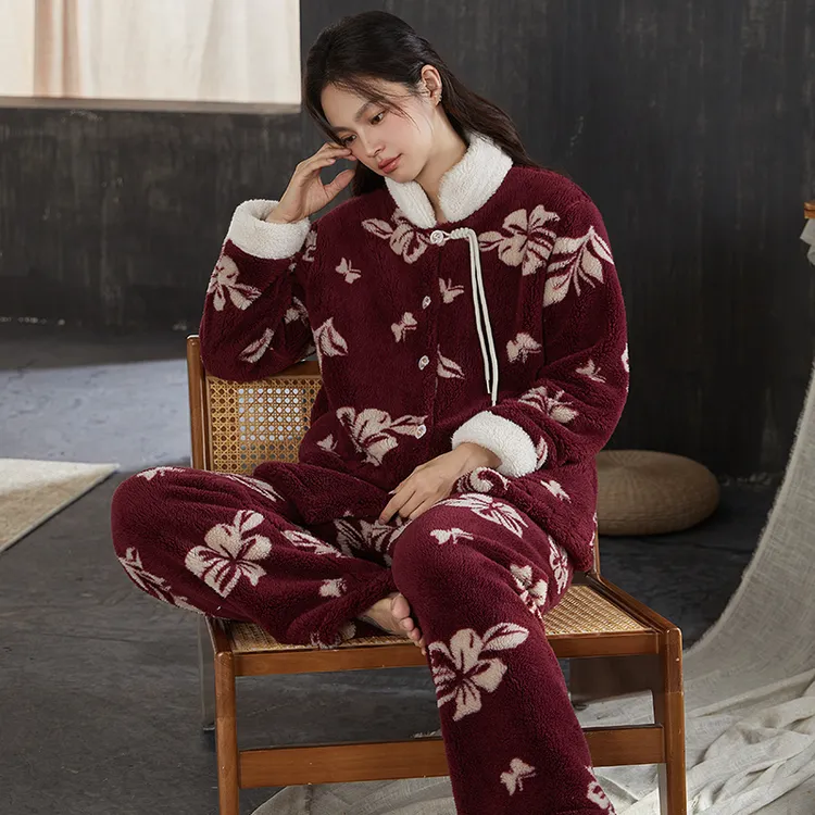 中国风秋冬季珊瑚绒睡衣女秋冬款加厚加绒大码妈妈女士家居服套装
