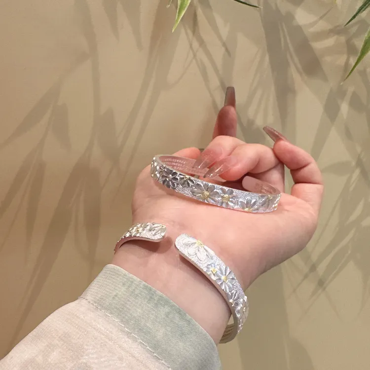 足银手镯 雏菊心经9999纯银手镯女实心百搭简约国风轻奢开口镯子