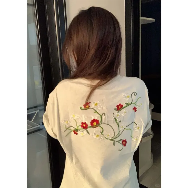 休闲慵懒风潮牌花卉刺绣圆领短袖t恤女夏季宽松百搭基础款ins上衣