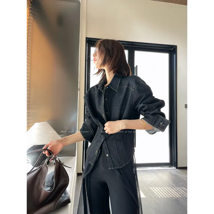 JCCC影子【风梭】水洗黑牛仔收腰衬衫拼纱长袖短外套JE5BNC10