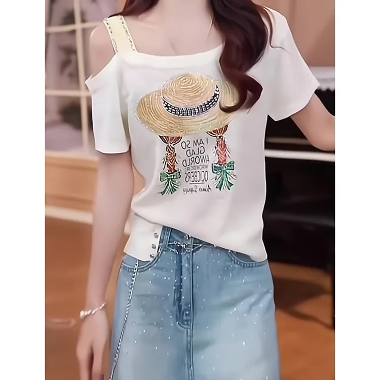 纯欲风斜领露肩短袖T恤女夏季新款卡通草帽印花百搭显瘦上衣3652