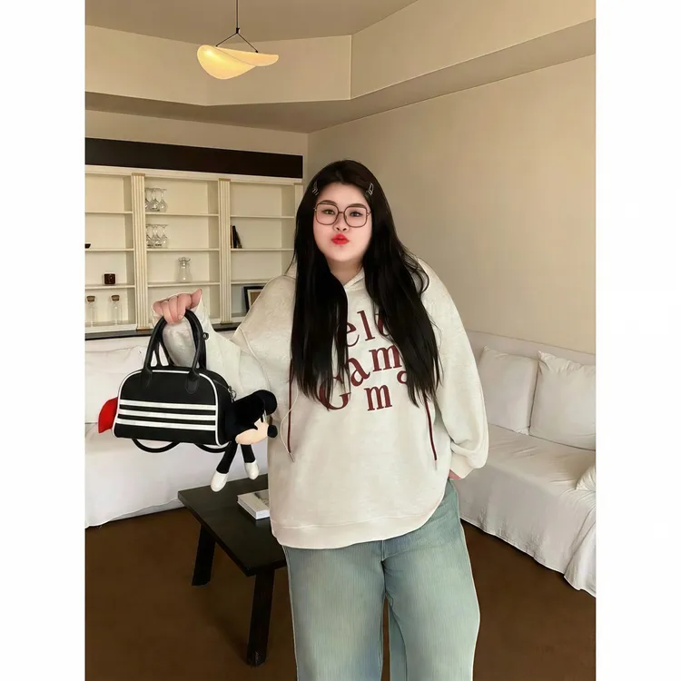 花契“芝士年糕”大码女装秋季百搭200斤胖mm减龄加绒卫衣13959-X