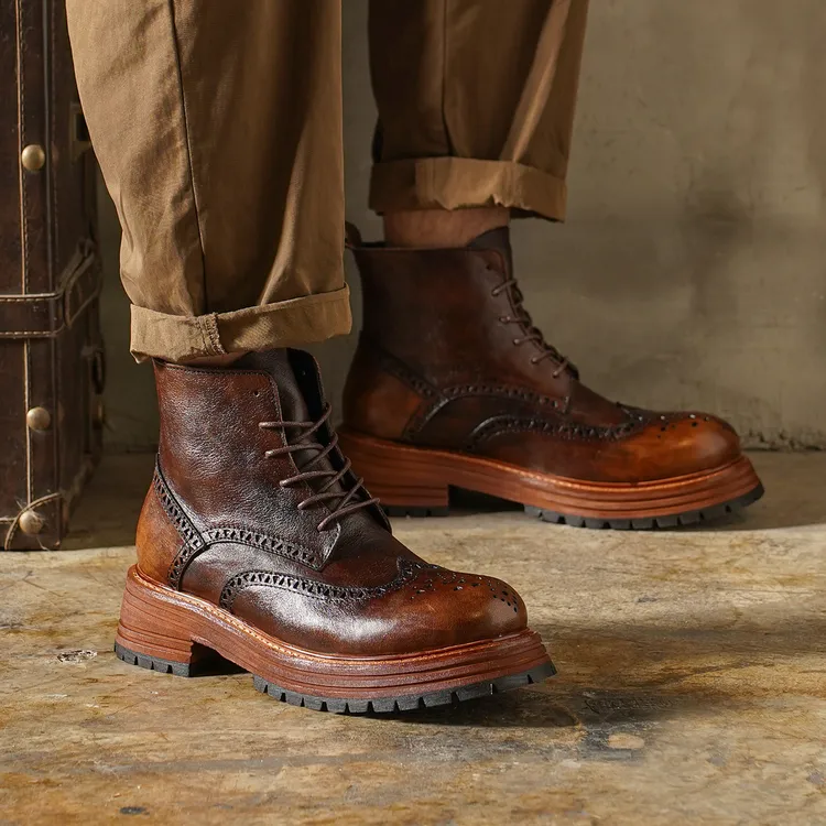 美式复古风马丁靴男士布洛克雕花高帮英伦厚底真皮痞帅机车工装靴