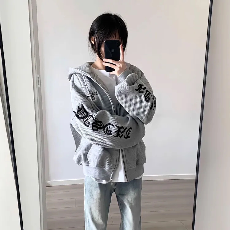 华夫格十字架刺绣卫衣男女款秋季美式高街情侣高级感开衫连帽外套