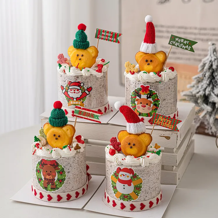2026圣诞节快乐蛋糕装饰玛德琳小熊头毛线小帽甜品台烘焙装扮插件