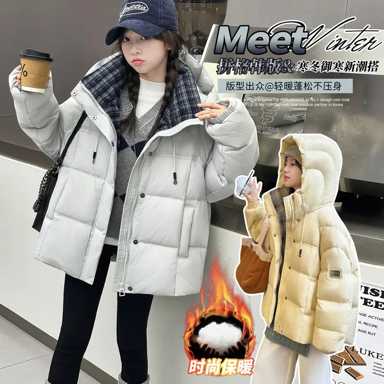 女童秋冬加厚棉衣2025新款洋气冬保暖连帽棉服初中生女孩休闲外套