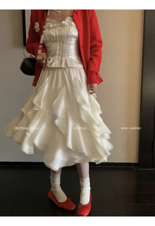 欧阳 不规则蕾丝拼接半身裙女春季法式A字裙高腰中长款裙子