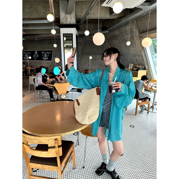 JCCC影子【薄荷海】蓝绿色苎麻混纺落肩龟背廓形长袖衬衫JE5DAC10