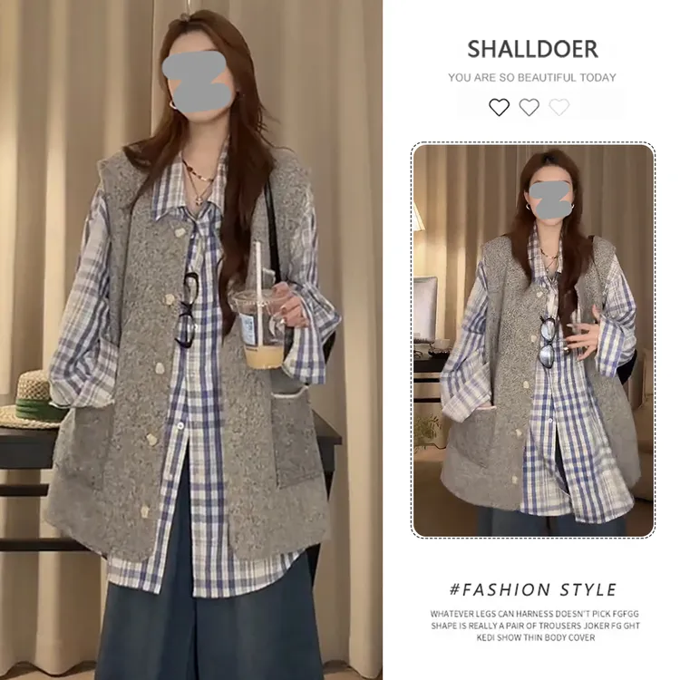 美式复古潮流套装女2025春秋新款格子长袖衬衫叠穿马甲外套两件套