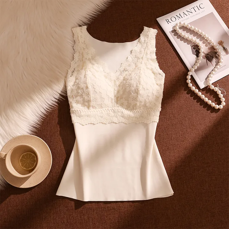 秋冬新款加绒蕾丝吊带背心女内搭带胸垫保暖修身打底无袖抹胸上衣