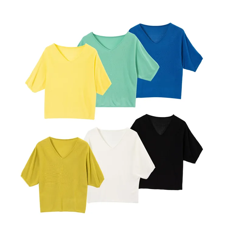 AOSER显瘦纯色V领毛针织衫上衣女滑爽针织衫春夏短袖薄款简约