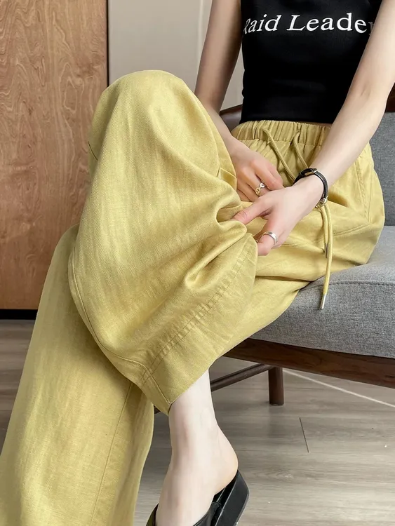 冰丝麻阔腿裤女夏薄款2025新款垂感莱赛尔天丝亚麻黄色裤子