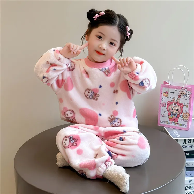 儿童睡衣秋冬款拉布布加厚珊瑚绒保暖套装女宝宝法兰绒家居服冬季