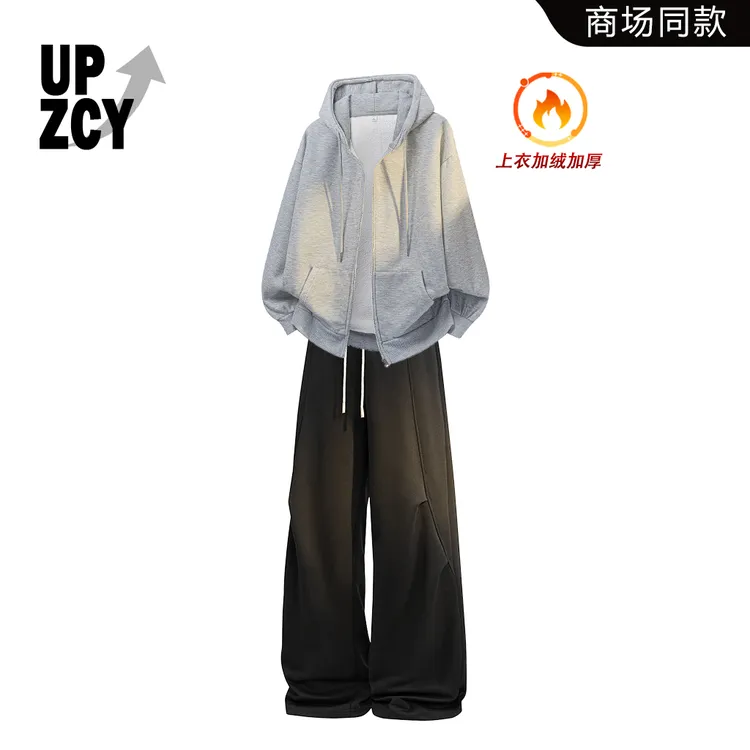 UPZCY美式街头潮流加绒卫衣两件套高级感男士秋冬新款休闲裤套装