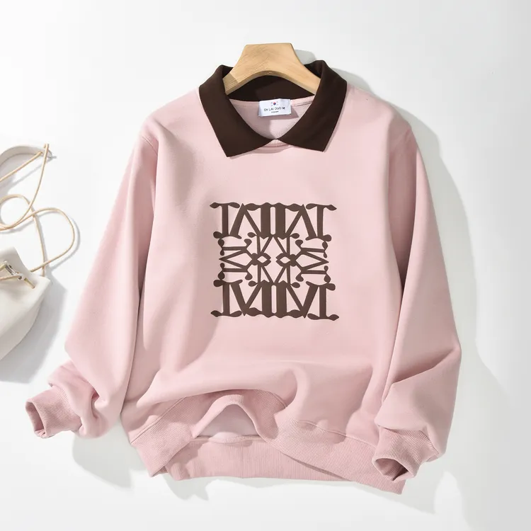 【一品甄选】韩式加绒加厚时尚翻领发泡印花卫衣  秋冬卫衣女款