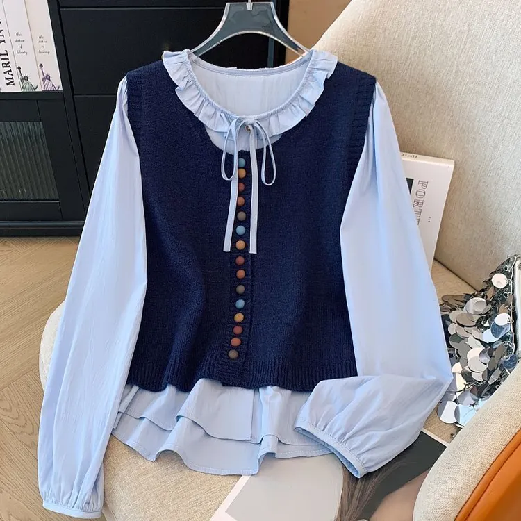 法系简约糖果色扣子马甲荷叶边领衬衫两件套春秋新款纯色上衣套装