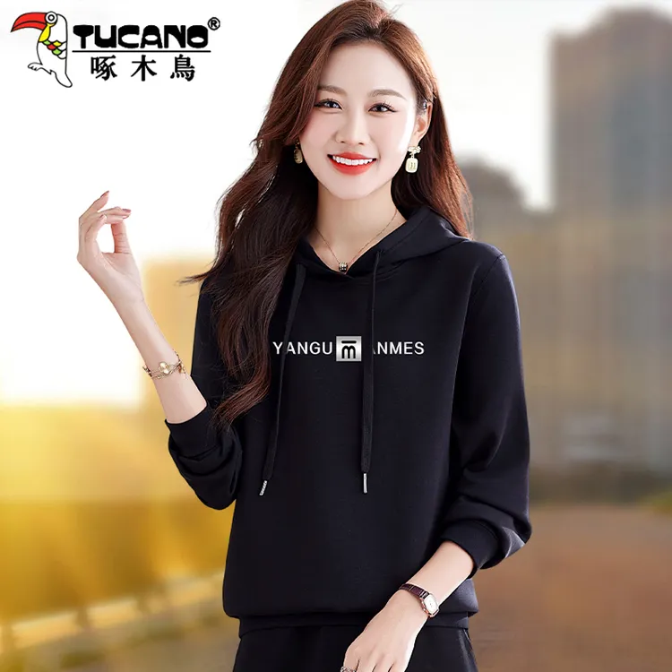 啄木鸟连帽卫衣女春秋2025新款宽松女装慵懒长袖上衣字母印花外套