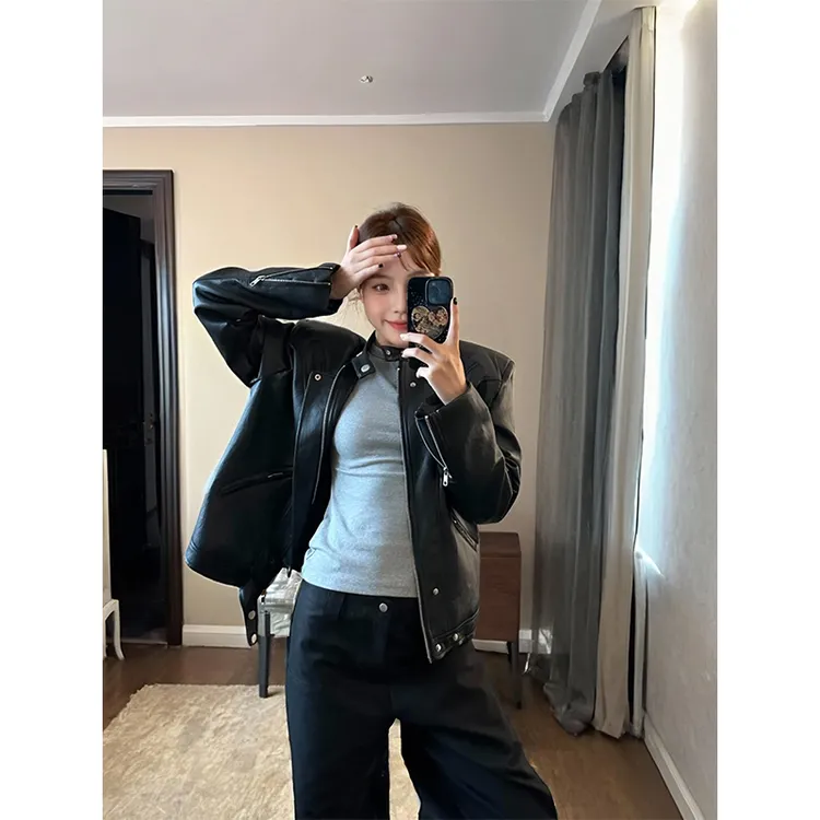 KSKM卡盛黑色机车皮衣外套女2025早春新款美式高级感宽松休闲夹克