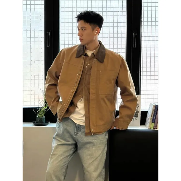 美拉德复古卡其色翻领底特律工装夹克美式短款外套潮牌小众上衣服