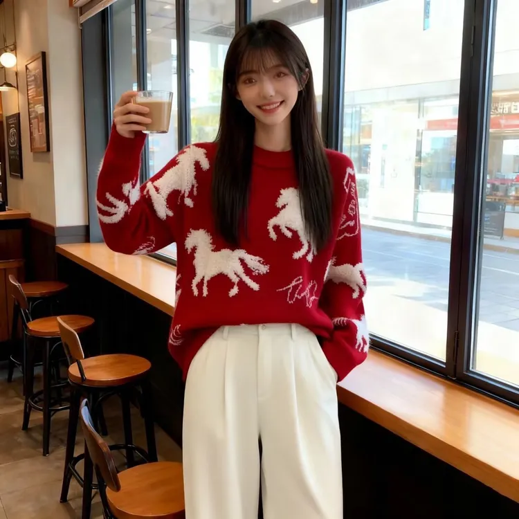 法芬图2026马年新年限定红色本命年毛衣秋冬打底跨年圣诞宽松情侣