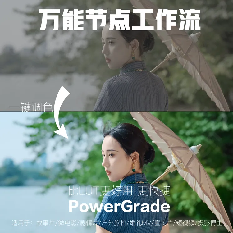 达芬奇调色干净通透专用Powergrade万能节点树lut滤镜预设教程