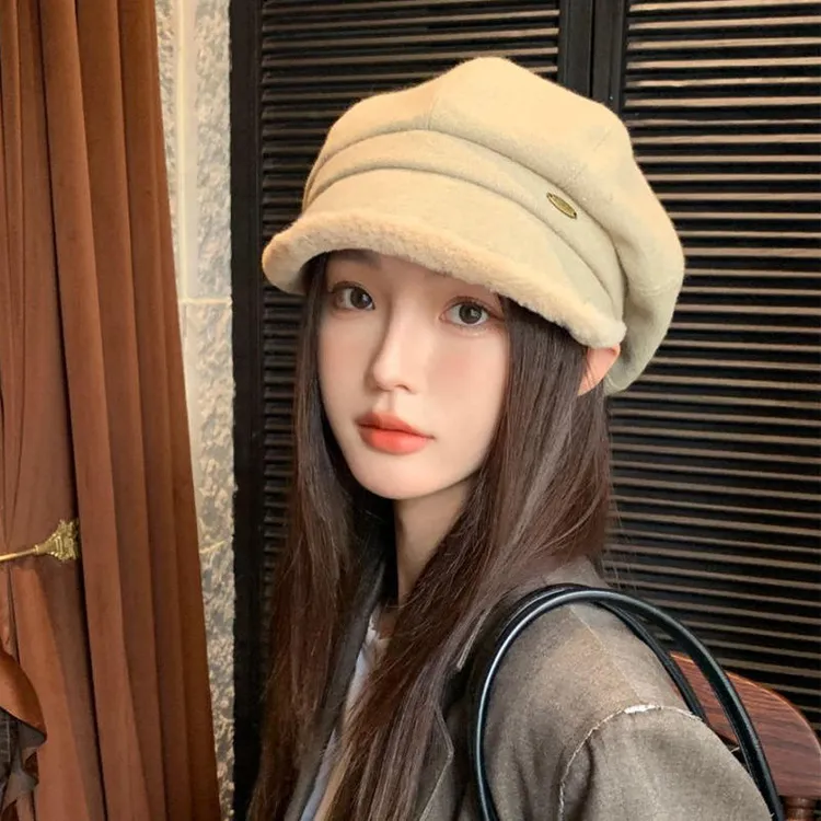 韩系素颜遮脸羊羔绒子女冬季新款加厚保暖显脸小宽檐鸭舌帽