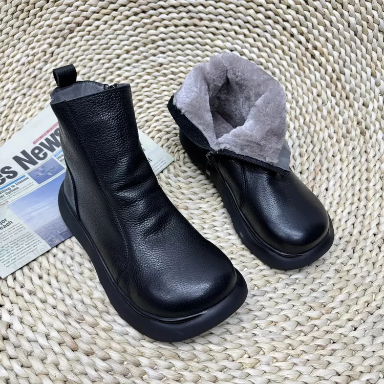 大棉2086-3 短靴2023秋冬款松糕厚底靴子加绒坡跟圆头复古马丁靴