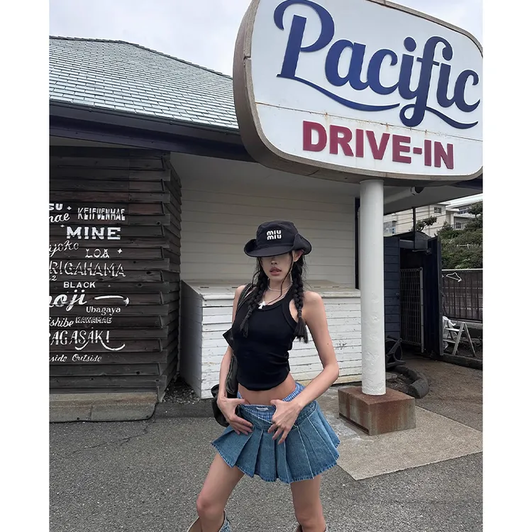 美式辣妹黑色简约性感吊带背心上衣百搭显瘦牛仔A字短裙半身裙女