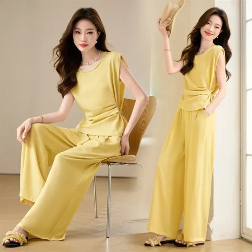 新款时尚韩版设计款收腰显瘦绑带圆领纯色纯欲简约慵懒风套装阔腿