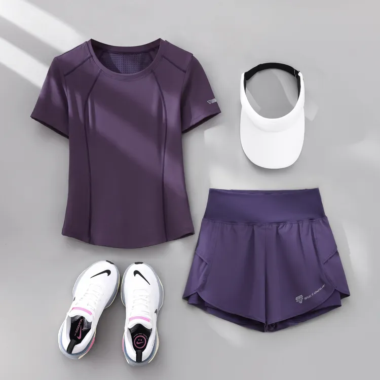 2025新款晨跑马卡龙瑜伽服夏季户外步运动套装女绝美网红显瘦短袖