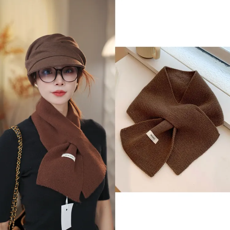 韩版混羊毛纯色交叉小围巾秋冬保暖氛围感情侣百搭针织围脖80x15