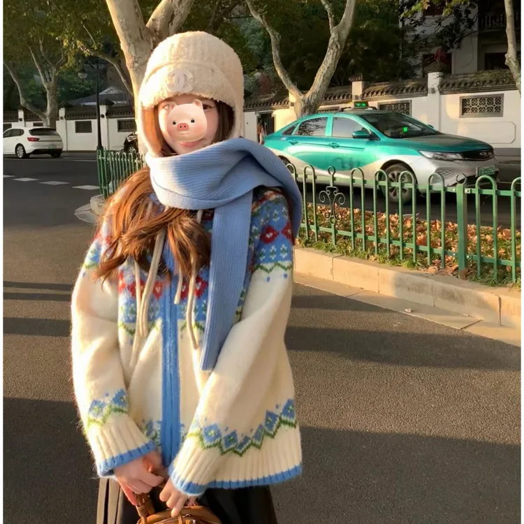 复古北欧风费尔岛提花拉链连帽毛衣外套女秋冬季加厚针织开衫上衣